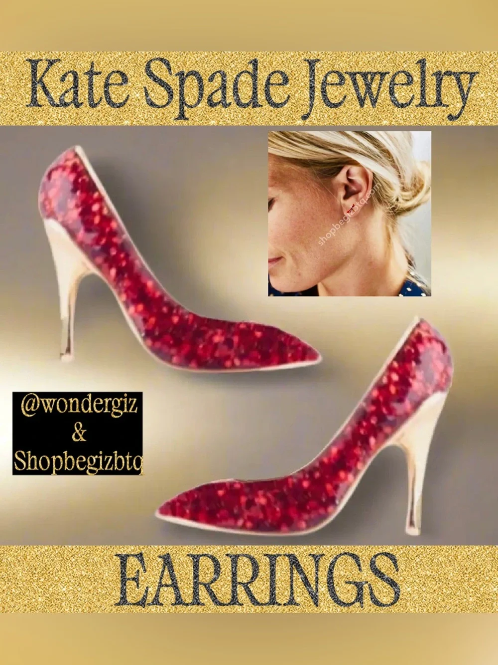 Kate Spade Authentic Red Glitter 12K Gold Plated High Heel Shoe Stud Earrings